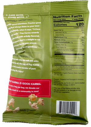 Pop Karma Extra Virgin Olive Oil and Sea Salt, back of 4.4 oz bag